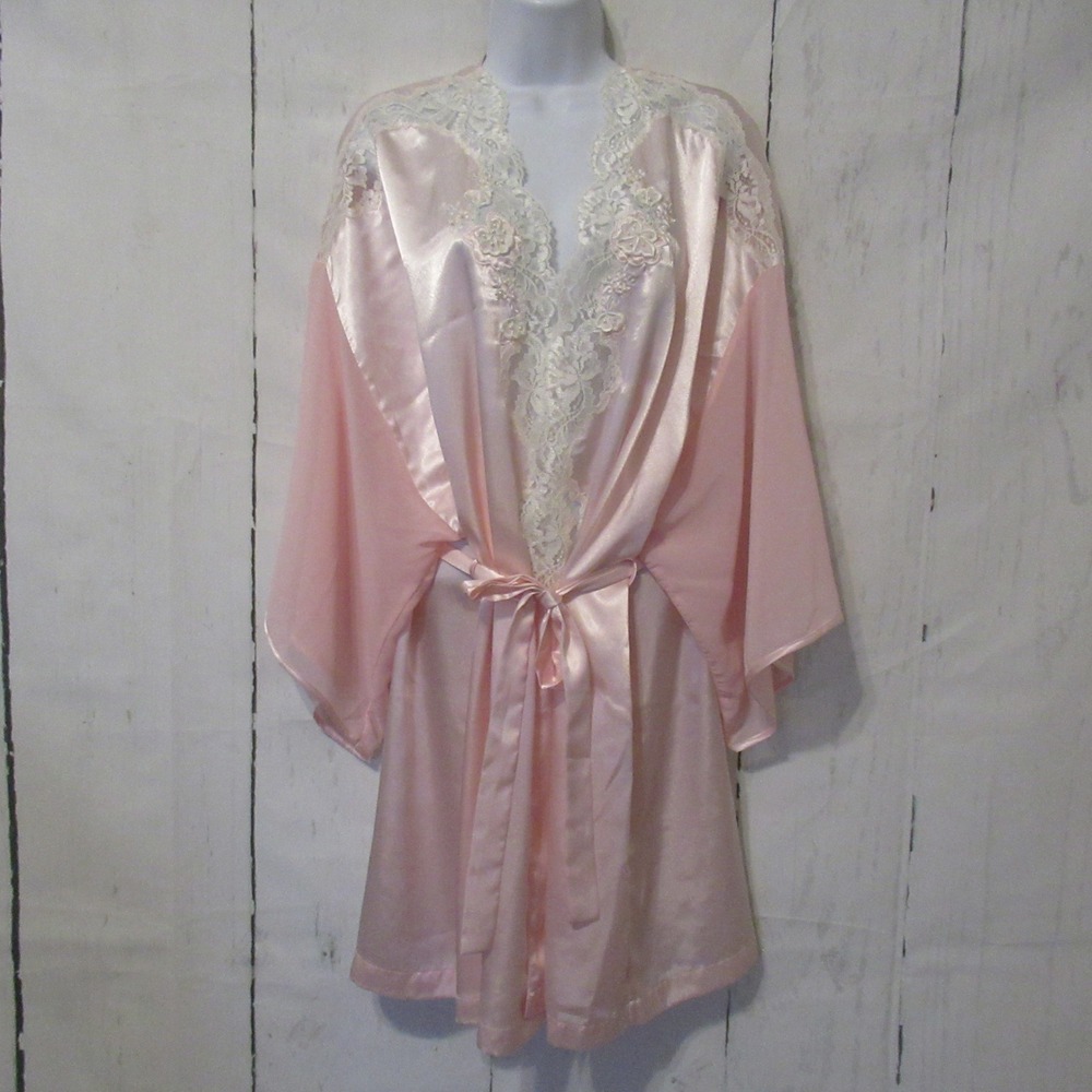 Vintage Val Mode Lingerie Bath Robe 1X Pink Satin Lace Beaded Kimono